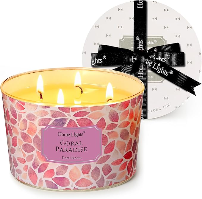 HomeLights Coral Paradise Scented Candles | 18oz Soy Candles Bohemian Natural Textures 4-Wick Large Candle Jars | Ideal Candle Gifts for Events, Home Decor Stress, Relief & Relaxation