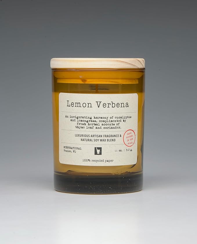 Scentsational Lemon Verbena Soy Wax Candle, 11 oz Glass Jar, Wood Lid, 55-60 Hour Burn Time