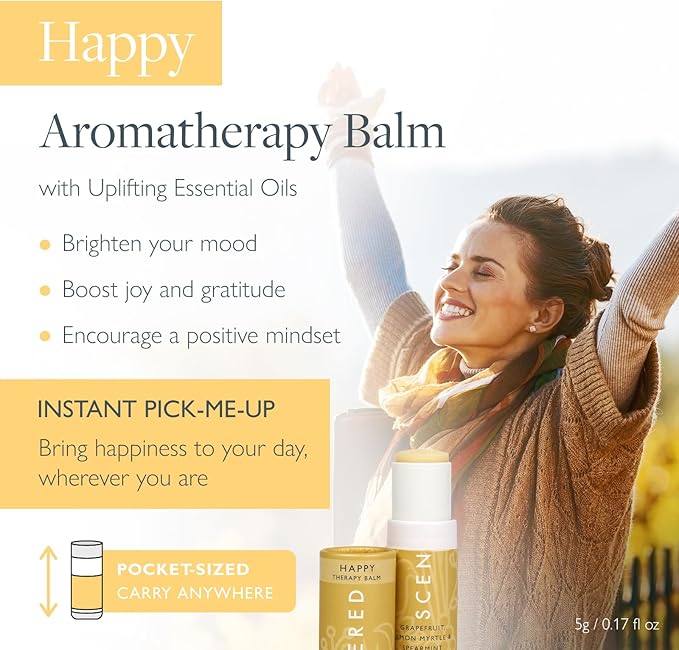 Scentered Happy Aromatherapy Essential Oils Balm Christmas Stocking Gift - for Feelings of Positivity & Gratitude - Lemon, Grapefruit, Cedarwood - Self-Care Stocking Stuffers for Women