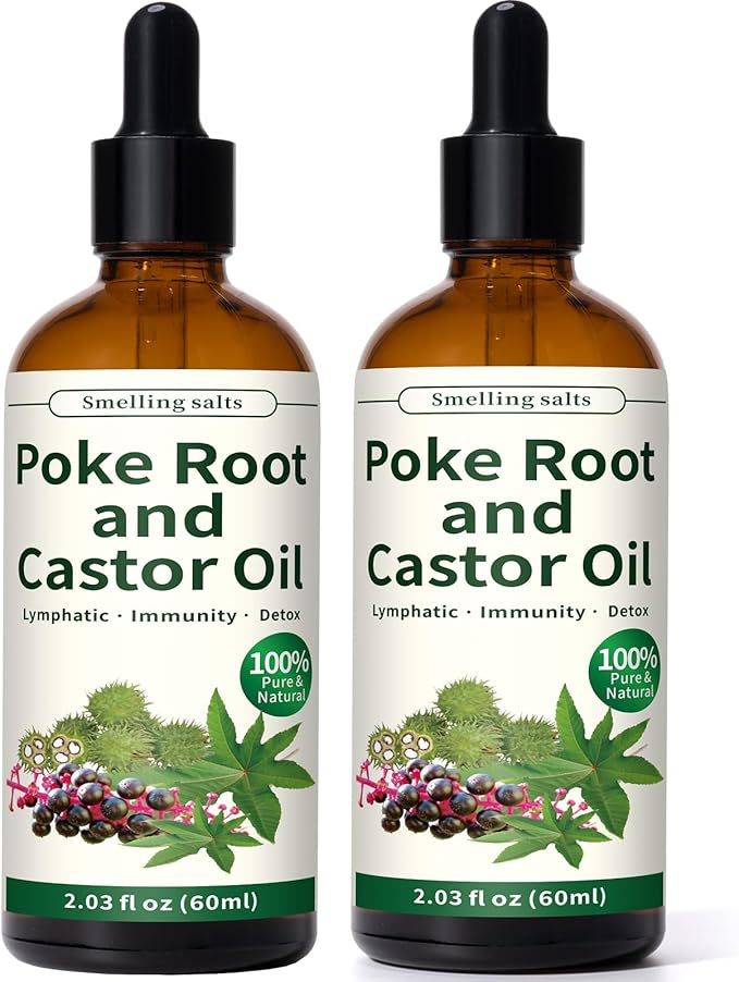 Poke Root and Castor Oil - 2 x 2 fl oz Poke Root Oil Organic with Vitamin E - Supports Swollen Lymph Nodes, Fibroids, Cysts, Boils, Breast and Joint Health