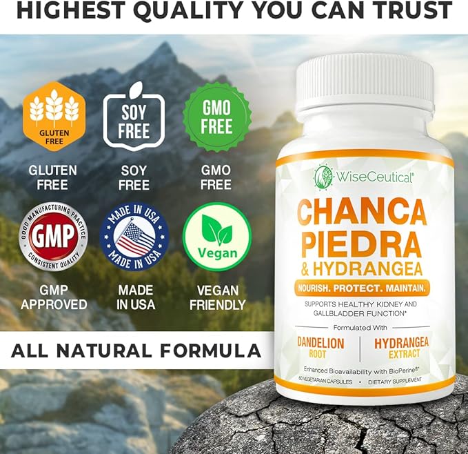 Max Strength Chanca Piedra, Hydrangea & Dandelion Root - Natural Kidney & Gallbladder Formula - Stone Breaker, Flush Impurities, Cleanse Urinary Tract - Enhanced with BioPerine. 60 Veggie Capsules.