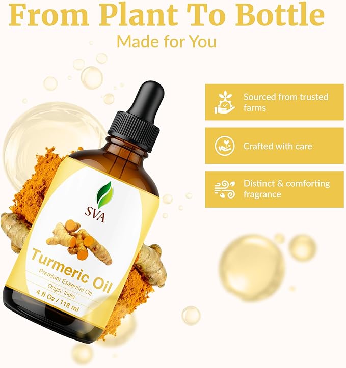 SVA Turmeric Essential Oil – 4 Fl Oz – 100% Natural Turmeric Oil - for Diffuser, Hair Care, Face, Skin Care, Aromatherapy, Scalp and Body Massage, Soap and Candle Making – with Dropper