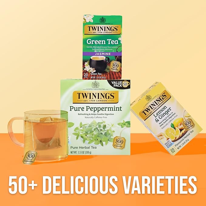 Twinings Lemon & Ginger Herbal Tea Individually Wrapped Bags, 20 Count (Pack of 6), Tangy Lemon, Spicy Ginger, Naturally Caffeine-Free, Enjoy Hot or Iced, 120 Teabags