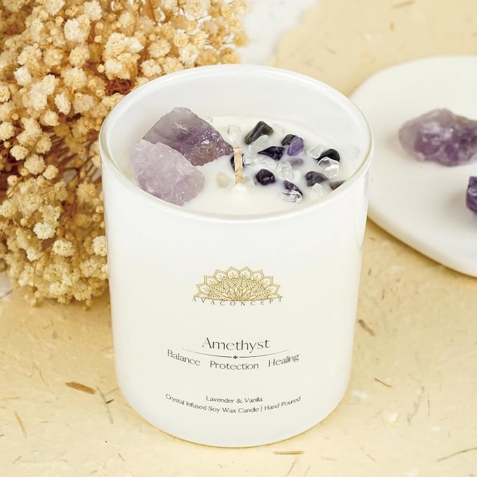 Healing Crystal Candle, Scented Candle Infused Amethyst and Clear Quartz Crystals, Lavender & Vanilla Scented,Positivity Energy Wellness, Gift for Women Aromatherapy Clean Vegan 10Oz Jar