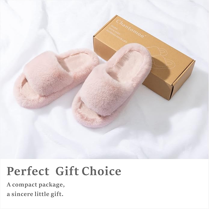 Chantomoo Women's Blue Memory Foam Faux Fur Lined Open Toe Slippers for Women - US 12
