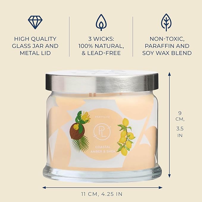 PartyLite Coastal Amber & Shea Scented, Notes of Ylang Flower, Citron, Sweet Coconut & Amber Creme, 13.2oz 3-Wick Jar Candle, 45 Hour Burn Time, Luxurious Fragrance, Ideal for Gifting