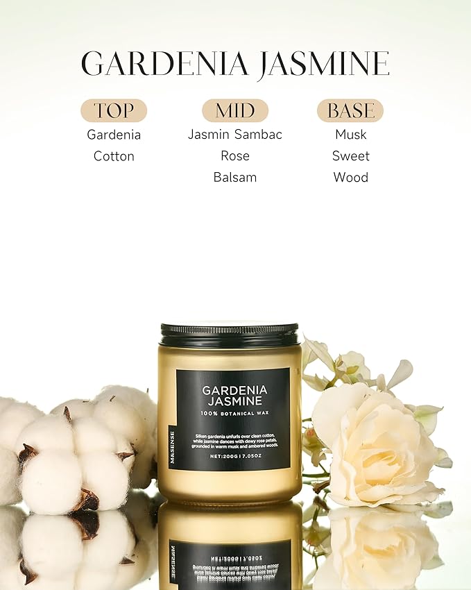 M&SENSE Gardenia Jasmine Scented Candle, 50 Hours Slow Burning Clean Non Toxic 7.05oz 2 Wicks Highly Scented Aromatherapy Candle for Housewarming Gifts, Long Lasting Fragrance for Bath & Office