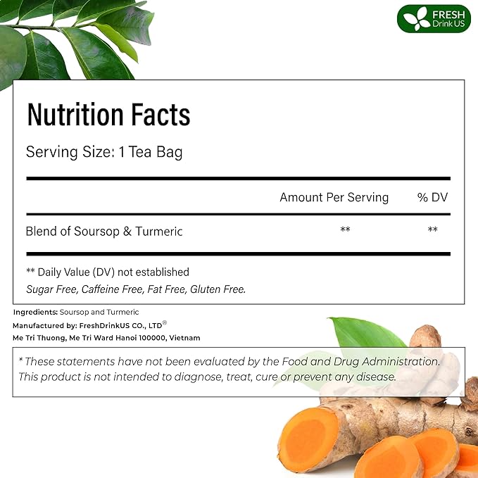 FreshDrinkUS, Premium 40 Soursop Turmeric Tea Bags, 100% Natural, Blend of Soursop Leaves, and Turmeric Root. Made with Natural Material Tea Bags. No Sugar, Vegan.