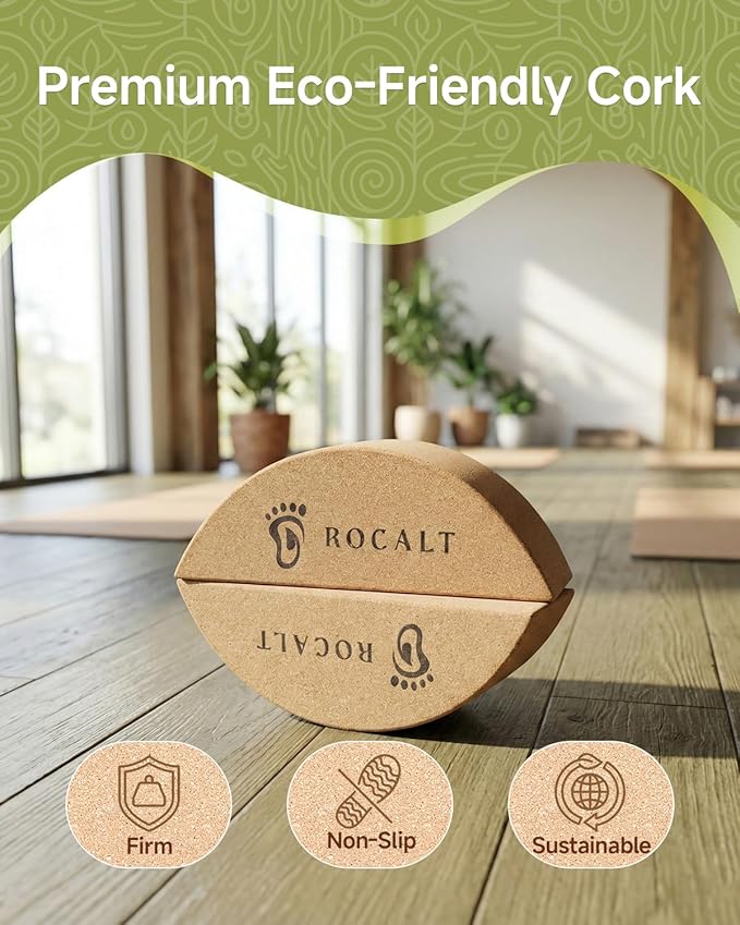 Rocalt Cork 4 In 1 Balance Board + 2 Pack Cork Yoga Blocks, Premium Cork Foot & Ankle Strengthener Kit, Half Moon Yoga Block & Calf Stretching