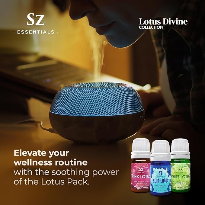 Lotus Divine Essential Oil Collection - Blue, Pink, White Lotus - Set of 3 Bottles (0.17 Fl Oz - 5ml Each) - 100% Pure, Natural & Undiluted - Therapeutic Grade & Vegan