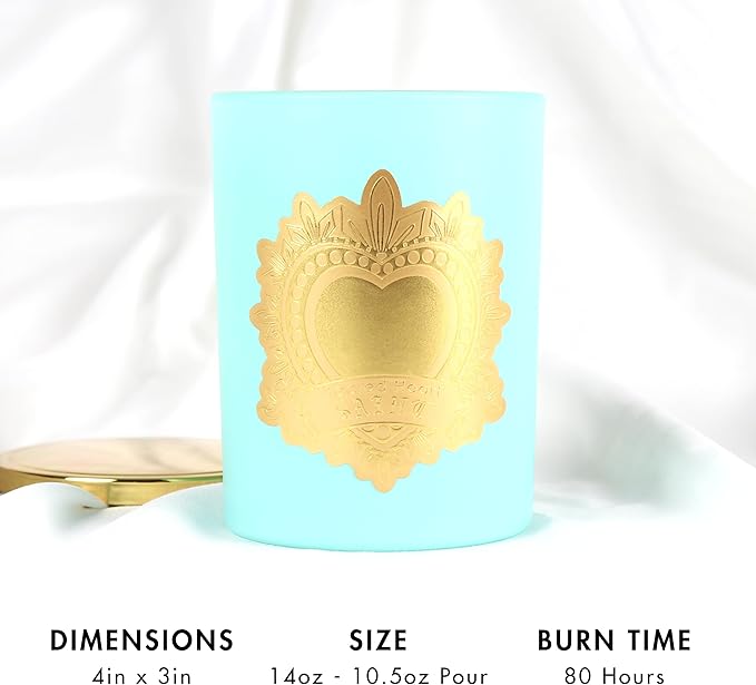 SAINT Ex-Voto Sacred Heart Devotional Scented Candle with Prayer Coin, Amber Fleur Soy Coconut Aromatherapy Candle with 80 Hour Burn Time, Collector Series Edition III (Blue)