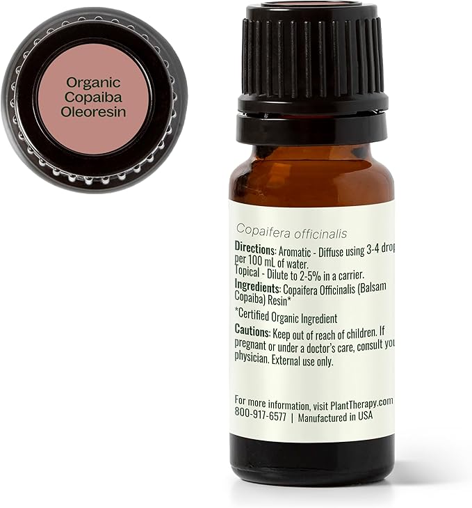 Plant Therapy Copaiba Oleoresin Organic Essential Oil 100% Pure, Undiluted, Natural Aromatherapy for Diffuser & Skin, Therapeutic Grade 10 mL (1/3 oz) Organic Copaiba Oil for Calming, Massage, Candles