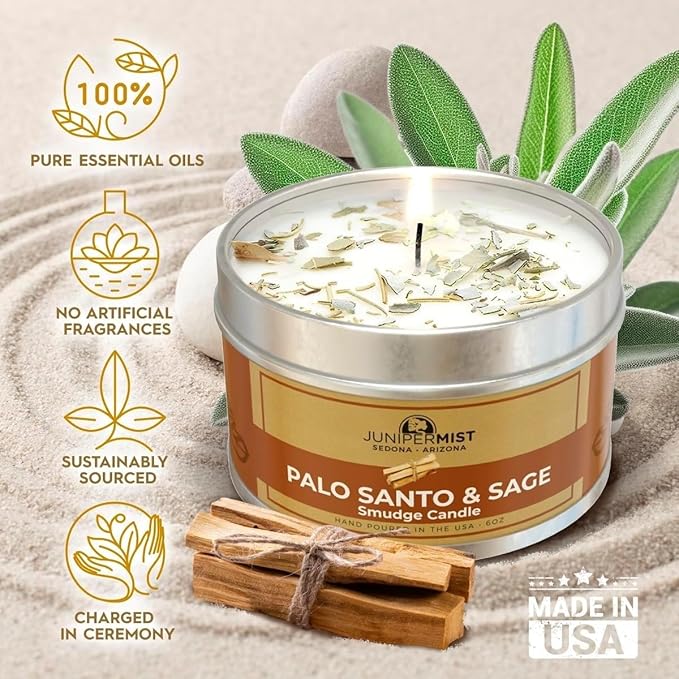 Palo Santo & Sage Smudge Candle (6oz) Ground & Purify - Pure Sage Energy Cleansing Candle for House Cleansing Negative Energy – Spiritual for Protection & Intention – Soy Wax - Made in The USA