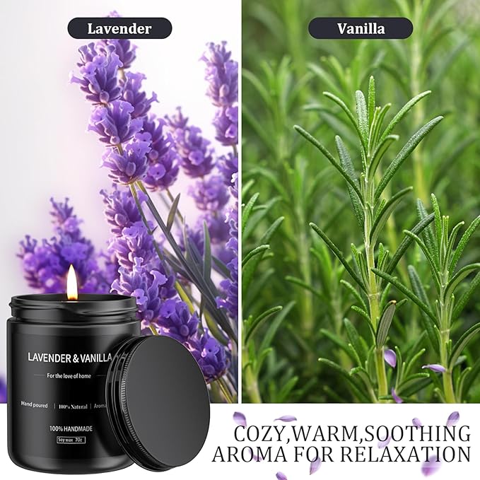 Lavender & Vanilla Candle 7oz, Scented Candles for Men&Women, Long Lasting Soy Candles for Home Scented, Black Women Mens Candle Gift for Birthday, Annivery, Christmas