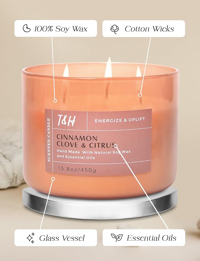 Cinnamon Clove & Citrus 3-Wick Soy Scented Candle, 15.8 oz Large Jar, Spiced Orange Clove Aromatherapy Candle, Winter Home Fragrance, Long Lasting, Clean Burning