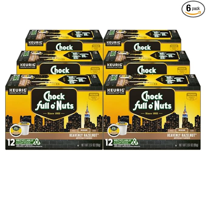Chock Full o'Nuts Heavenly Hazelnut Coffee, Compatible with Keurig K-Cup Pods, 12 CT (Pack of 6)