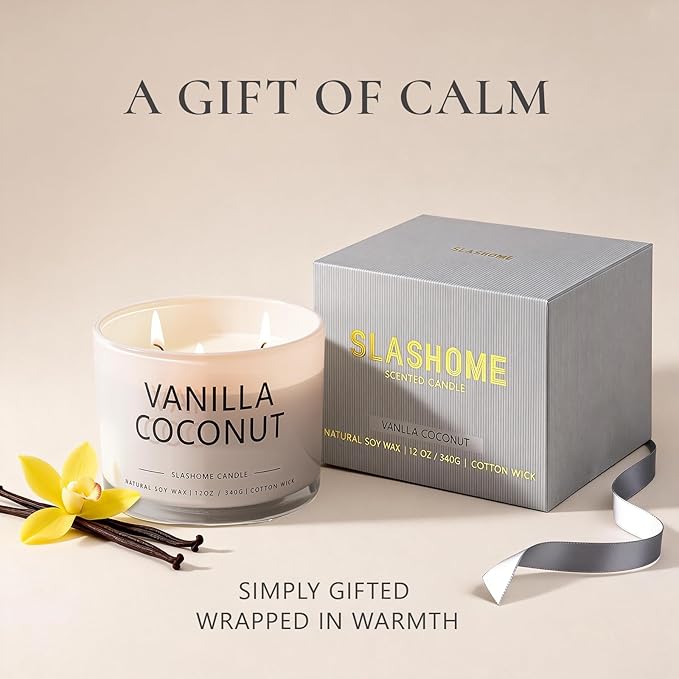 Vanilla Coconut Scented Candle, Luxury Large 3 Wick Soy Candle 12 Oz, 60+ Hour Long Lasting Clean Burn, Elegant Aromatherapy Home Decor, Housewarming & Birthday Gift for Men & Women