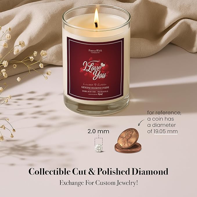 I Love You Surprise Candle with Diamond Inside | Foreverwick Candles | Scented Soy Candles Gifts for Women Anniversary Candle Wax | Romance Candles All-Natural Organic Soy Candle 14oz | 70h