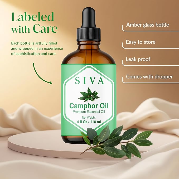 Siva Camphor Essential Oil - 4 Fl Oz – 100% Natural Camphor Oil - for Diffuser, Face, Skin Care, Aromatherapy, Hair Care, Scalp and Body Massage - with Dropper