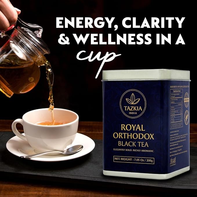 Tazkia Royal Orthodox Black Tea Loose Leaf – Premium Indian Black Tea, Rich Aroma & Bold Flavor, Freshly Harvested Whole Leaf Tea, Elegant Tin Pack, 7.05 oz