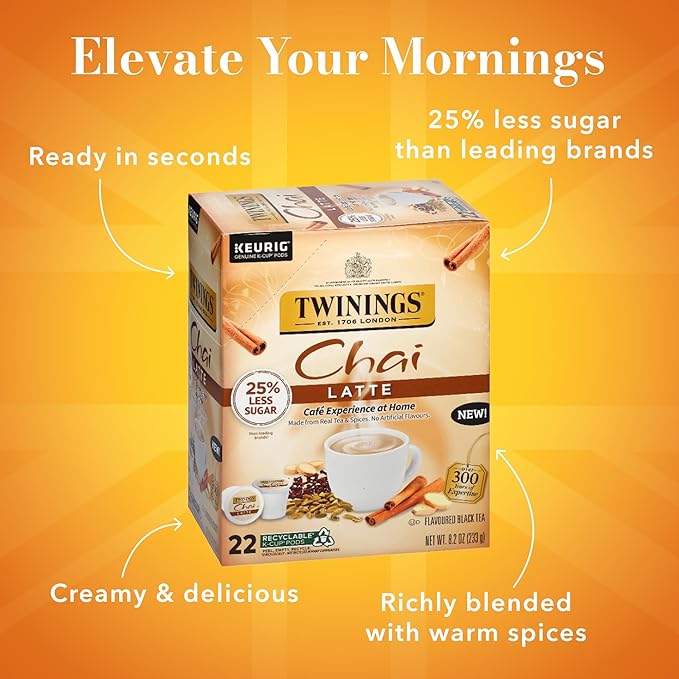 Twinings Chai Latte Black Tea K-Cup Pods for Keurig, 22 Count (Pack of 1), Creamy, Slightly Sweet, Less Sugar, Caffeinated, Enjoy Hot or Iced