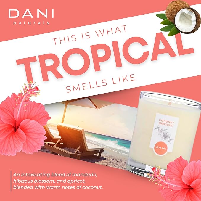 DANI Naturals Soy Candle - Coconut Hibiscus Scented, 100% Pure Soy Wax, Kosher, Non-Toxic, Long-Lasting Burn - 7.5 oz