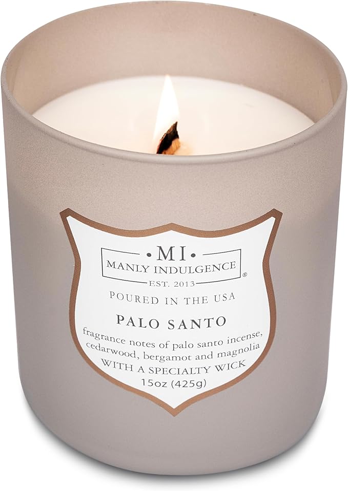 Manly Indulgence Palo Santo Scented Candles for Men, 15 oz Wooden Wick, Premium Soy Blend Wax, 60H Burn, Candles for Home Scented - Made in The USA