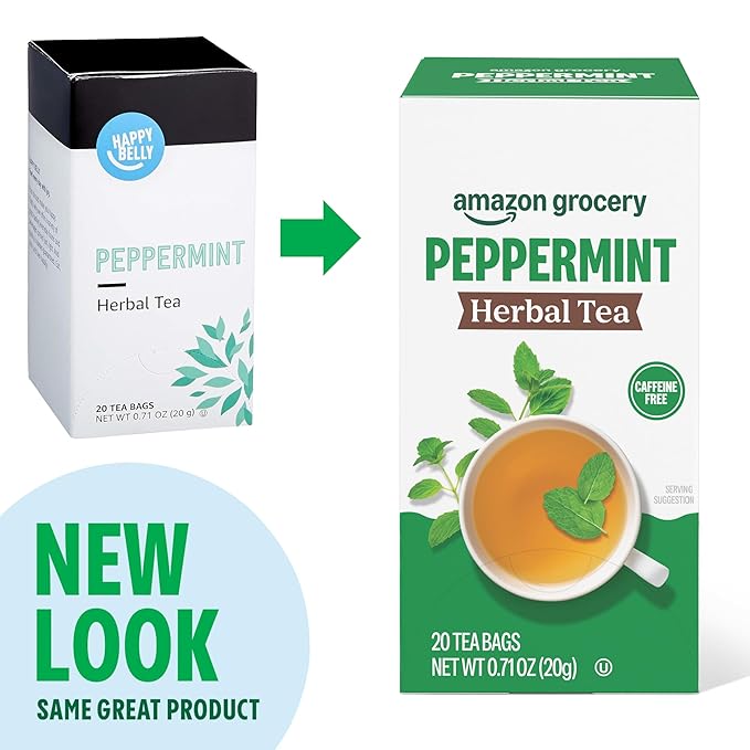 Amazon Grocery, Peppermint Herbal Tea Bags, 20 Ct, Pack of 2 (Previously Happy Belly, Packaging May Vary)