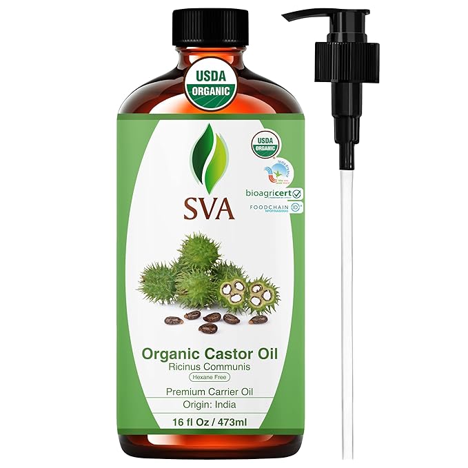 SVA Castor Seed Oil Organic - 16 Fl Oz – 100% Natural Cold Pressed Organic Castor Oil - for Face, Skin Care, Hair Care, Scalp Massage & Body Massage with Pump