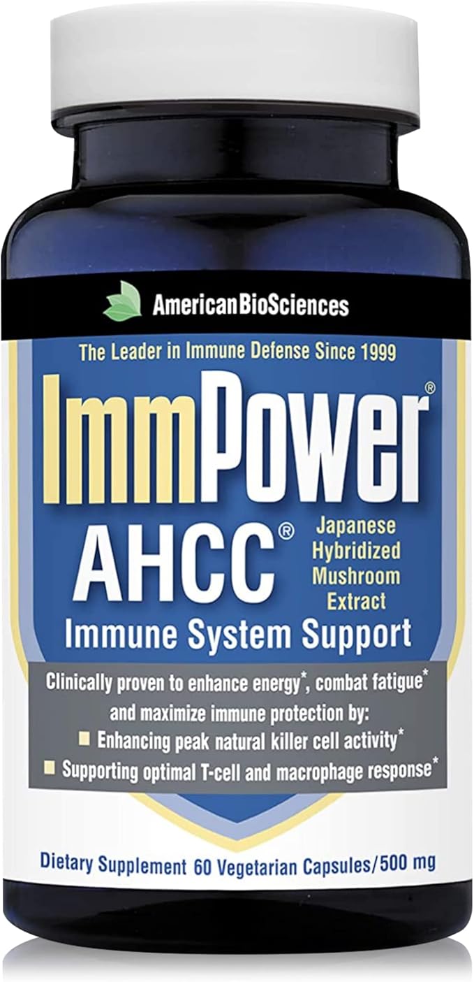 American BioSciences ImmPower AHCC Herbal Mushroom Supplement, 500mg per Capsule for Immune Support, Maintains Natural Killer Cell Activity, Pack of 1, 60 Veggie Capsules