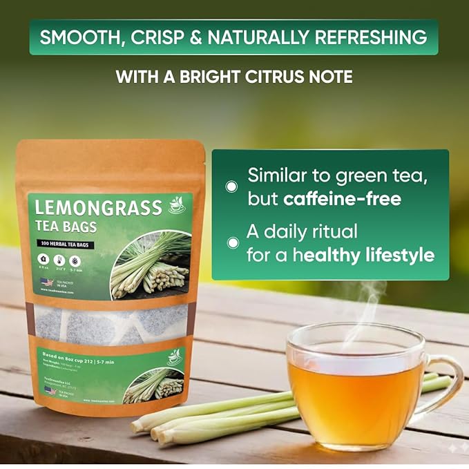 Lemongrass Tea Bags - 100 Bags (Premium Natural Pure Leaf Tea - 100 Count) Gluten-Free and Caffeine-Free Herbal tea for Relaxation, Wallness, Immune Support with Smooth Taste