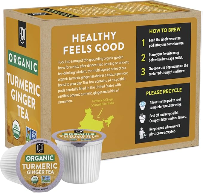 Organic Turmeric Ginger Tea K-Cup Pods, 24 Pods by FGO - Compatible with Keurig - Naturally Caffeine-Free Herbal Tea, Premium Green Tea is USDA Organic, Non-GMO, & Recyclable