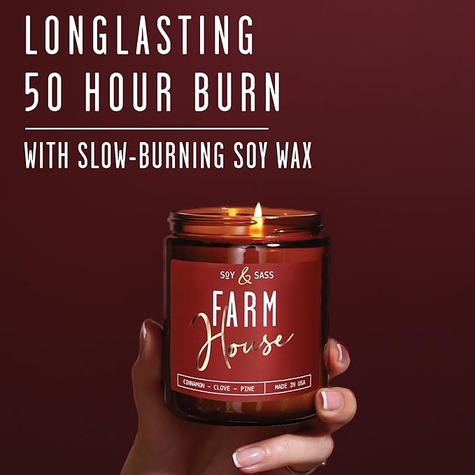 Fall Candles - 'Farmhouse' Autumn Scented Soy Candles for Home, w/Cinnamon, Clove & Pine I Infused with Essential Oils I Farmhouse Décor, 9oz Reusable Jar, 50Hr Burn, Made in USA