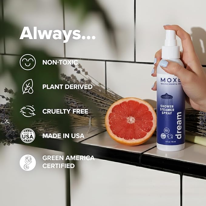 MOXE Aromatherapy Shower Mist Variety Pack, Eucalyptus, Lavender, Breathe and Dream, Spa Steam Spray, Natural 100% Essential Oils, Made in USA, Aromatherapy, Sinus Congestion Relief, 4 Pack (8oz)