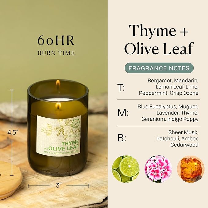 Paddywax Eco Collection Scented Soy Wax Candle in Glass Jar, Thyme & Olive Leaf Fragrance, Green Vessel with Wood Lid, 8 oz