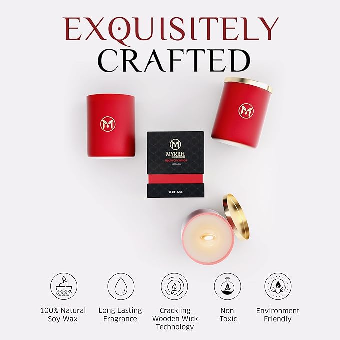 MyrrhUSA Apple Cinnamon Scented Candle – 15 oz Natural Soy Wax with Crackling Wooden Wick & Essential Oil | 80 Hour Burn | Luxury Aromatherapy Candle for Relaxation, Home Décor, Living Room & Bathroom
