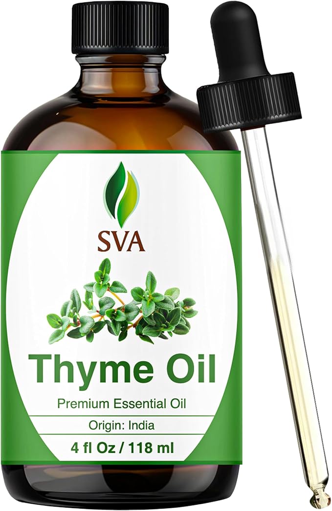 SVA Thyme Essential Oil – 4 Fl Oz – 100% Natural Thyme Oil - for Diffuser, Hair Care, Face, Skin Care, Aromatherapy, Scalp and Body Massage, Soap and Candle Making – with Dropper