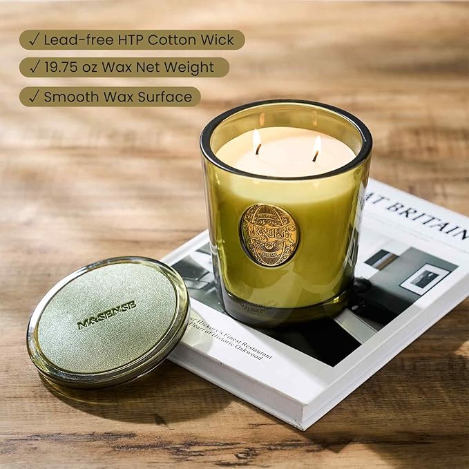 M&SENSE Large Two-Wick Strong Soy Candle | Sandalwood Jasmine & Green | 19.8 oz, 120H Burn Time | Luxury Candle for Relaxation, Gifting, Home Décor | Ideal for Bedroom, Office, Party Ambiance