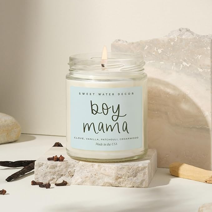 Sweet Water Decor, Boy Mama Candle – Palo Santo, Patchouli, Lavender, Cedarwood, and Vanilla Scented Soy Wax Candle for Moms of Boys – 9oz Clear Jar with Gold Lid, 40+ Hour Burn Time, Made in The USA
