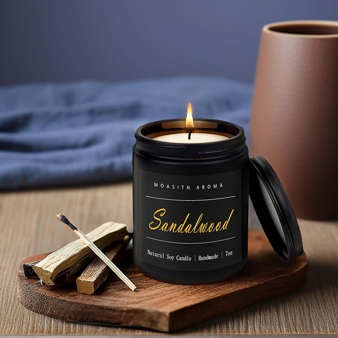 MOASITN Sandalwood Scented Candles for Home| Leather,Sandalwood,Amber Scented Soy Candle| Handmade Longlasting Aromatherapy Candle| Jar Candel Gift for Women,Men for Spring,Birthday,Relaxing|7oz