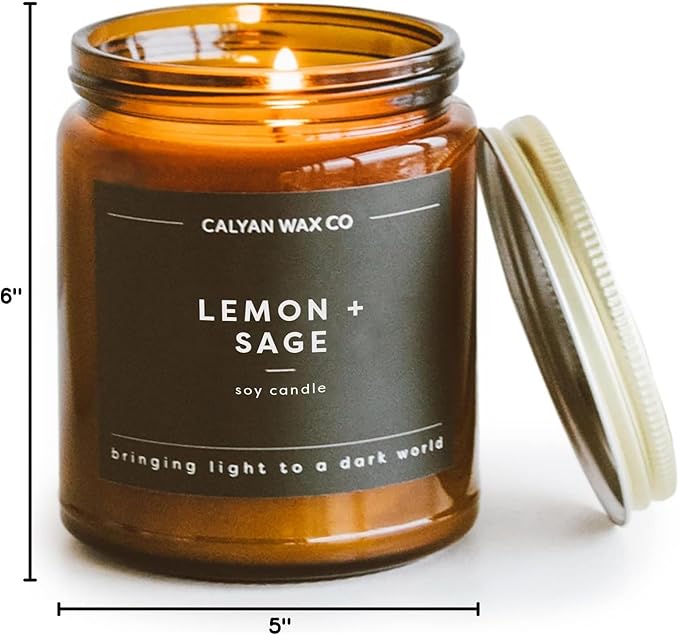 Calyan Wax Co. Lemon & Sage Scented Candle - 57 Hour Burn - Luxury Non Toxic Soy Wax Candles - Long Lasting Amber Glass Jar Candle for Home - 7.2oz