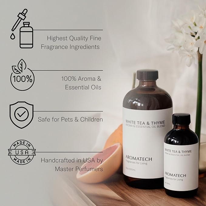 AromaTech White Tea and Thyme Aroma Essential Oil Blend: Luxury Hotel Inspired Aromatherapy with Tea Leaf, Fresh Thyme & Amber for Ultrasonic Diffusers & Nebulizers - 0.3 fl oz, 10 mL