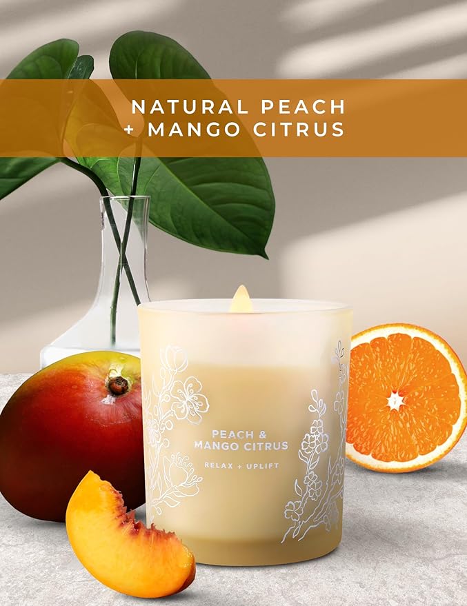Peach Mango Citrus Scented Candle - Large Wood Wick Soy Candle 10.6 oz - Relaxing Aromatherapy Candle for Home - Highly Scented, Long-Lasting, Clean Burn, Strong Throw