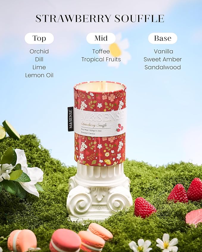 M&SENSE Strawberry Souffle Scented Candle, Medium Jar Candle 11.3oz Natural Soy Wax for Home Scented, Floral Candles Gift for Spring Holiday, Up to 70 Hours Burning Long-Lasting Fragrance