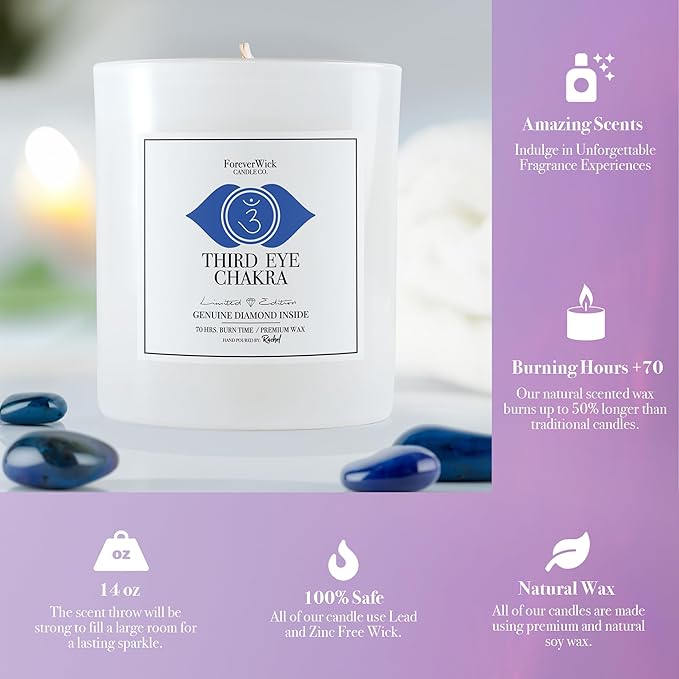 Foreverwick Third Eye Chakra Candle | Aromatherapy Candle | Soy Wax Natural Candles | Lapis Lazuli Crystals Candle | Jasmine Aroma Therapy Scented Candle | Zinc Free Wick Candle | 14 oz Organic Candle
