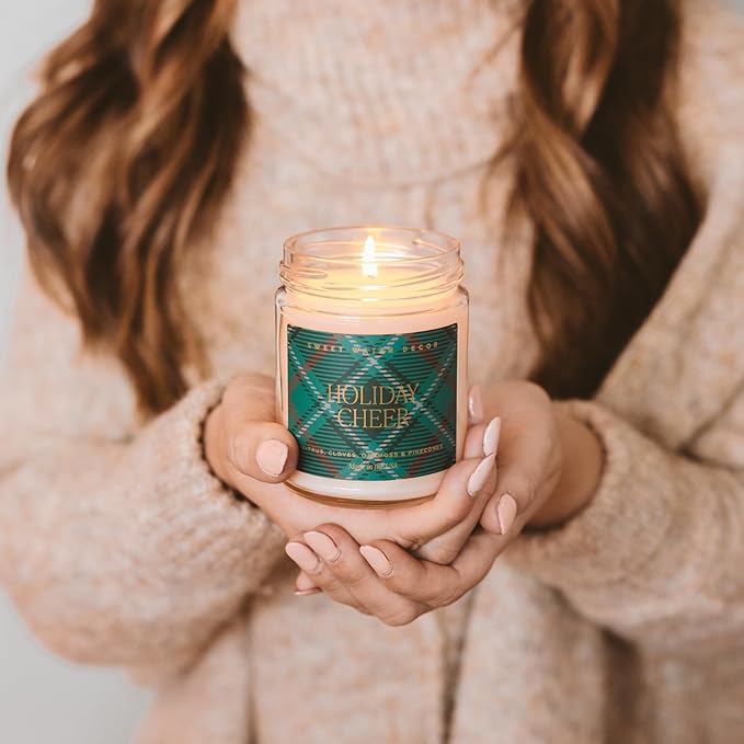 Sweet Water Decor Holiday Cheer Christmas Scented Candles - Christmas Stocking Stuffers Soy Candles with Citrus Scent - Christmas Candles with 40 Hours Burn Time - 9Oz Gold Lid Clear Jar Wax Candles