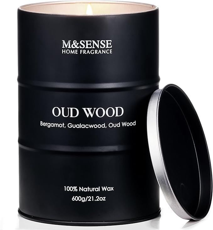 M&SENSE Oud Wood Large Scented Candles Natural Soy Wax, 21.2oz Long Lasting Up to 120 Hours Burning Time, Unique Candle Gifts for Men Women
