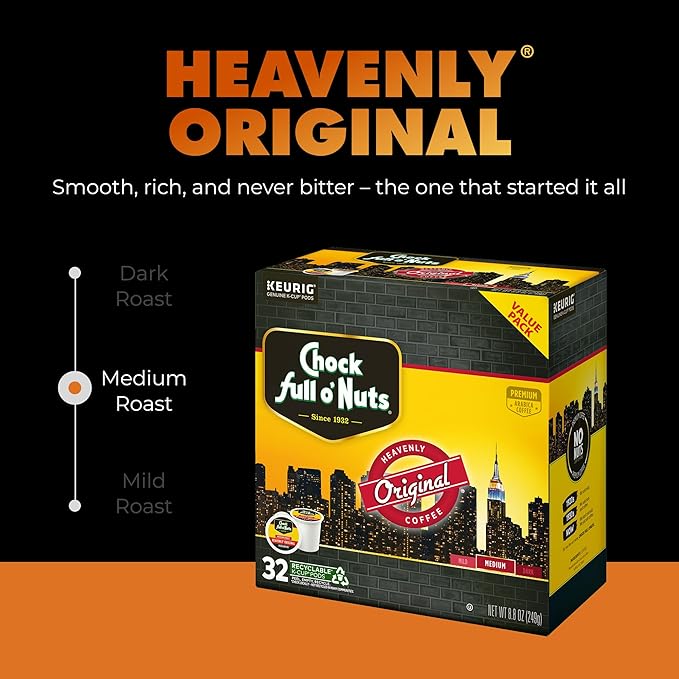 Chock Full o' Nuts Heavenly Original Keurig K-Cup Pods for Keurig Brewers – Premium Arabica, Medium Roast – Single Serve – 1 Pack of 32 K-Cup Pods
