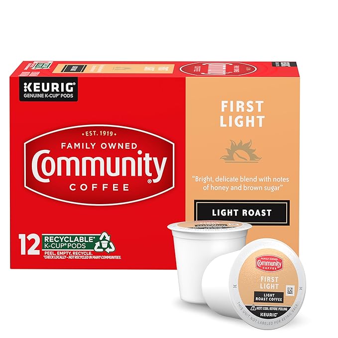 Community Coffee First Light, 12 Keurig Coffee Pods, Light Roast, Compatible with all K-Cup Brewers, 12 Count (Pack of 1)