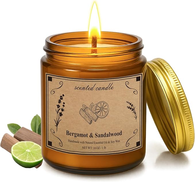Scented Candles, 16oz Large Jar Soy Wax Candle – Bergamot & Sandalwood with Premium Plant Wax Blend for Consistent Burn, Aromatherapy Candle for Home Scented, Relaxation and Gift for Women/Men